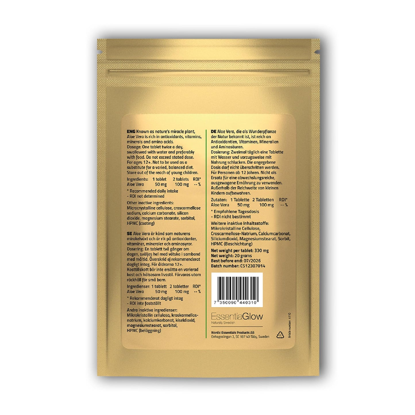 EssentiaGlow 60 Aloe Vera Tablets | 20,000mg per Serving | High Strength Supplement from 100mg Aloe Vera Extract | for Digestion, Skin & Immune System | Vegan-Friendly | 1 Month's Supply