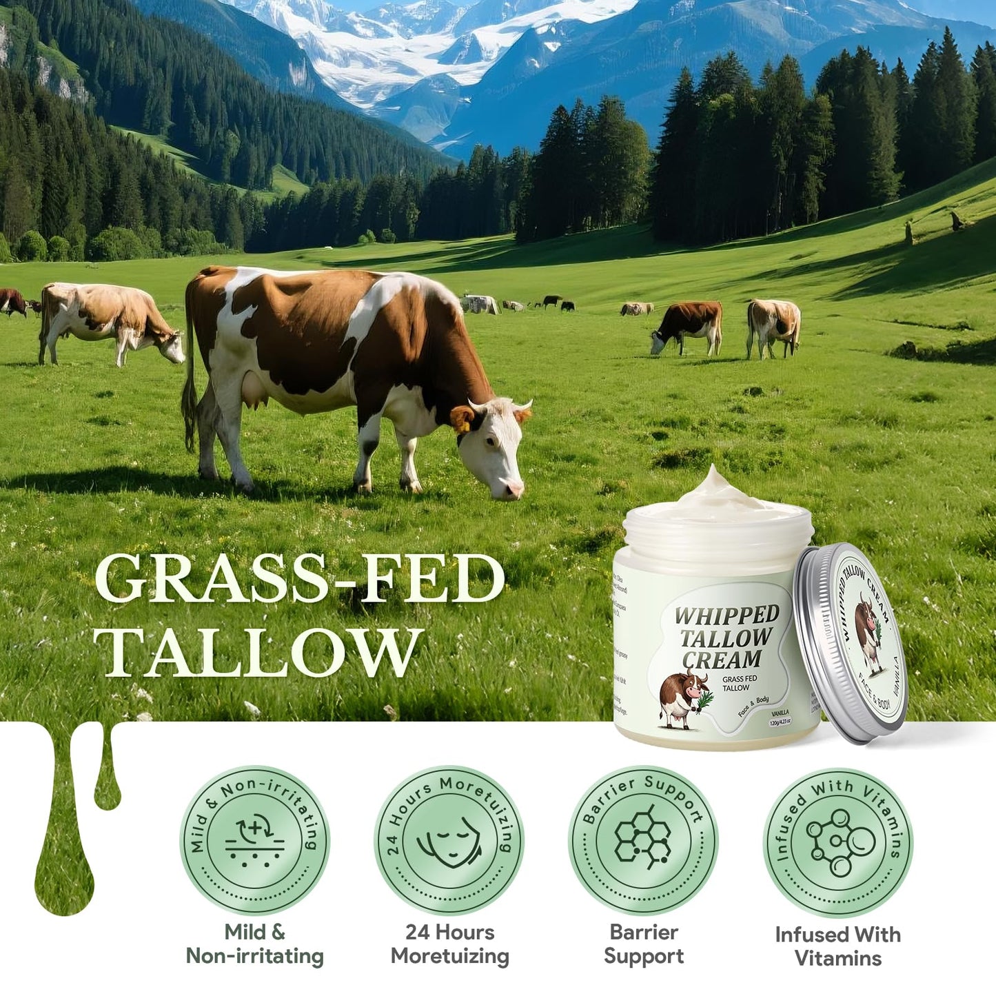 Beef Tallow Skin Care, Whipped Tallow Face Cream, Beef Tallow Moisturiser for Face & Body, Natural Grass Fed Beef Tallow, Skin Care Cream for Dry Skin, Vanillin, 120g