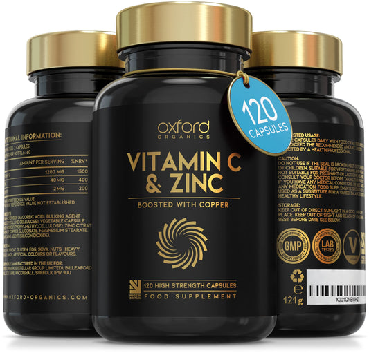 Oxford Organics Vitamin C and Zinc Capsules, 1200mg Vitamin C Boosted with 40mg Zinc & 2mg Copper per Serving | 120 High Strength Vegan Capsules | Balanced VIT C and Zinc Supplements for Women & Men | Made in The UK