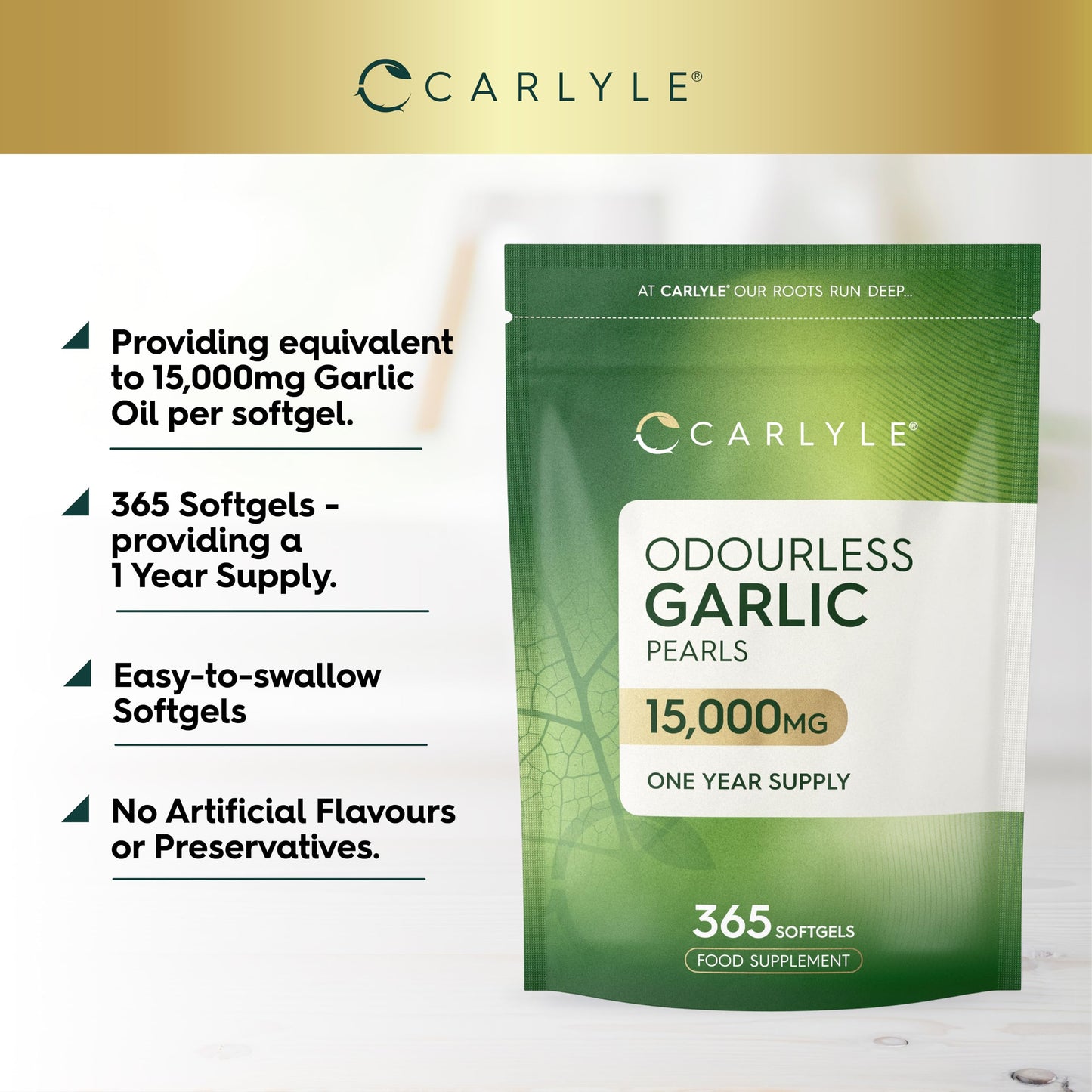 Odourless Garlic Capsules 15,000mg | 365 Count (1 Year Supply) | High Strength Garlic Oil Pearls with Allicin | By Carlyle
