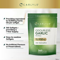 Odourless Garlic Capsules 15,000mg | 365 Count (1 Year Supply) | High Strength Garlic Oil Pearls with Allicin | By Carlyle
