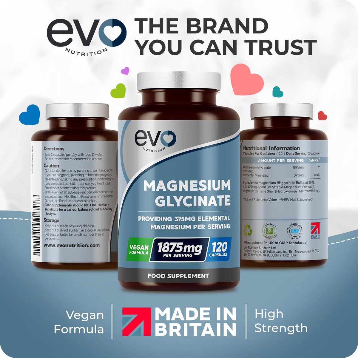 Magnesium Glycinate Supplement, 120 Capsules | Designed to Support Sleep, Energy, Body & Cognitive Health | High Strength 1875mg per Serving with 375mg Elemental | Vegan & UK Made | EVO NUTRITION
