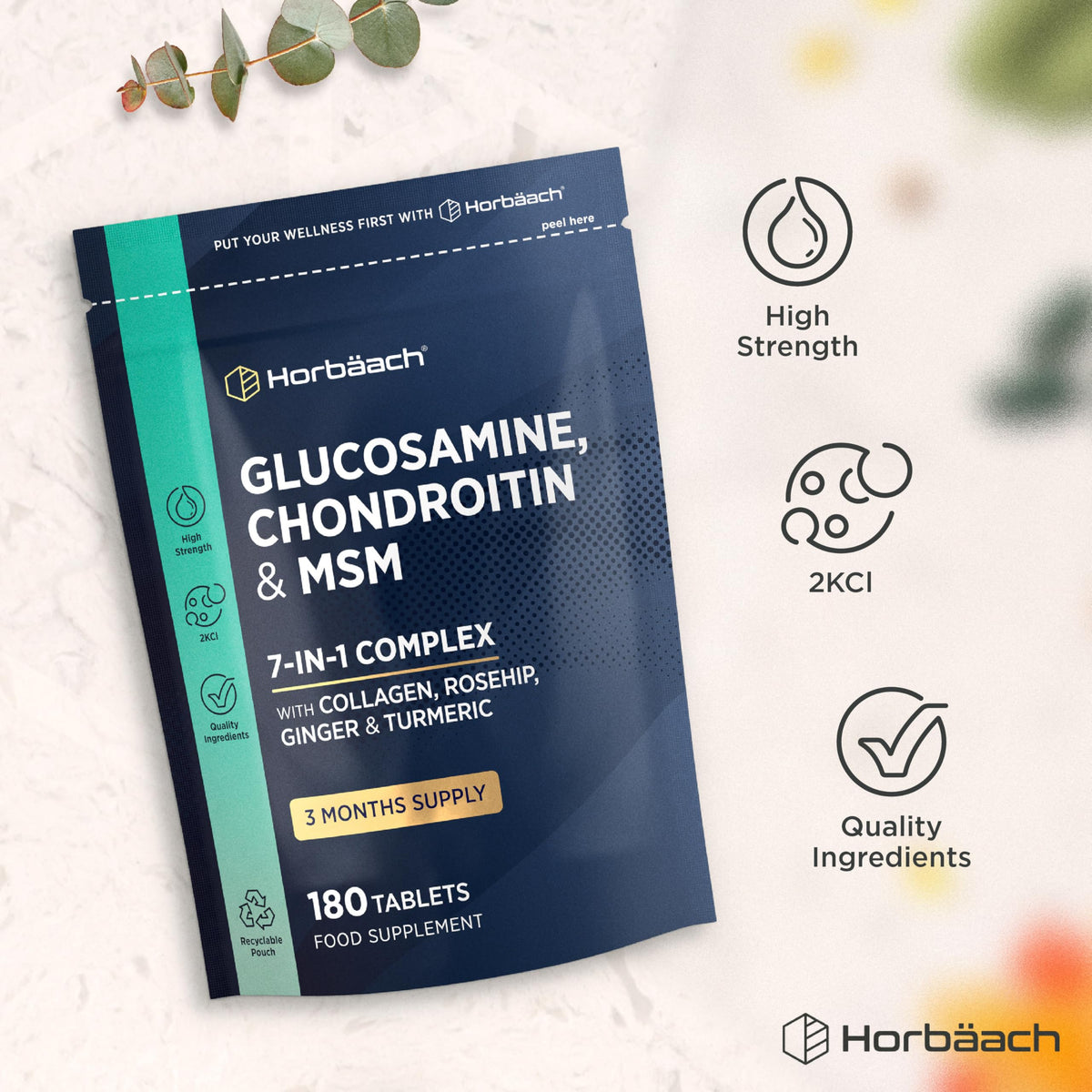 Horbäach Glucosamine and Chondroitin High Strength 7-in-1 | 180 Tablets | 1200mg Complex with Glucosamine Sulphate 2KCl, MSM, Collagen and Ginger Root | Supplement for Men and Women | By Horbaach