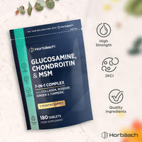 Horbäach Glucosamine and Chondroitin High Strength 7-in-1 | 180 Tablets | 1200mg Complex with Glucosamine Sulphate 2KCl, MSM, Collagen and Ginger Root | Supplement for Men and Women | By Horbaach