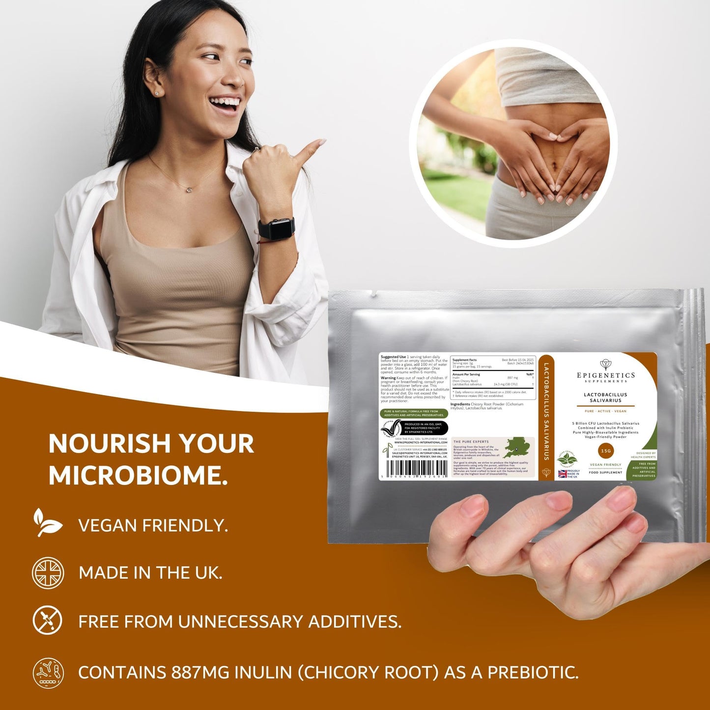 Epigenetics Lactobacillus Salivarius 15g | 5 Billion CFU Probiotic + Chicory Root Prebiotic (Inulin) | Vegan Friendly Powder for Gut Health | UK Made | 1g Daily (15 Servings)