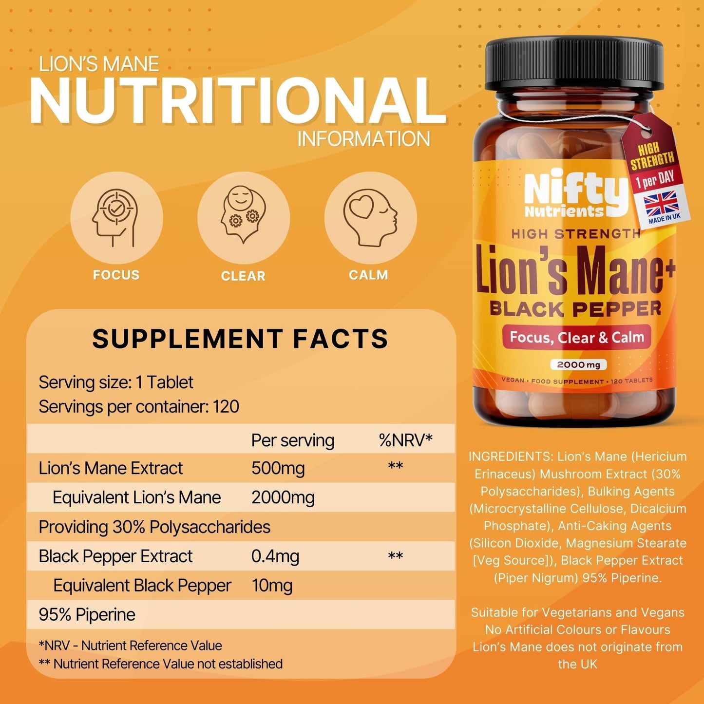 Nifty Nutrients Lions Mane Supplement High Strength 2000mg | 1 a Day 4 Months Supply of 120 Tablets | Lion's Mane Tablets with Black Pepper to Aid Absorption | Made in The UK