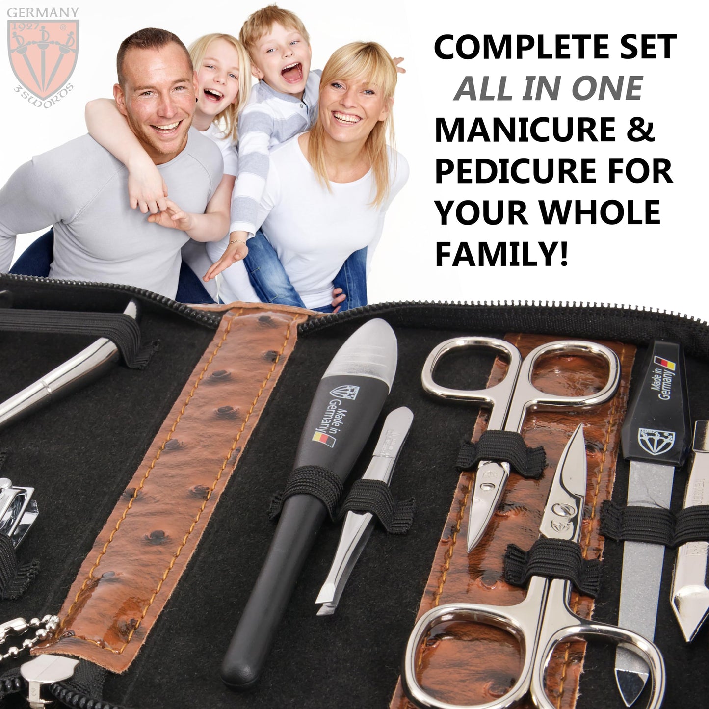 3 Swords Germany - brand quality 10 piece manicure pedicure grooming kit set for professional finger & toe nail care scissors clipper fashion leather case in gift box, Made by 3 Swords (6608)