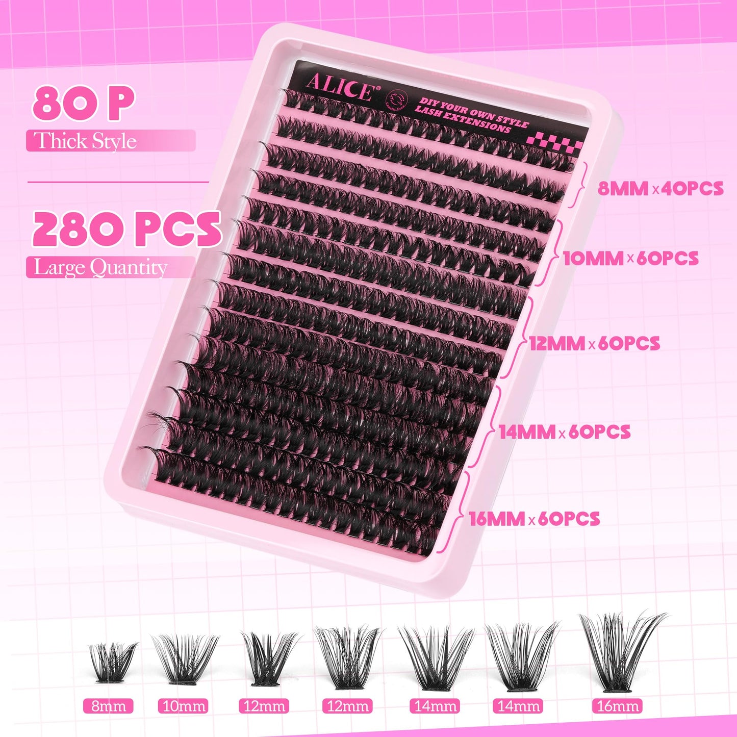 ALICE DIY Eyelash Extension Kit D Curl Fluffy Wispy Lash Clusters Individual Lashes Lash Extension Kit with Lash Bond and Seal Applicator Tool for Self Application at Home (80P-280Pcs-Mix10-16mm-0.07D)
