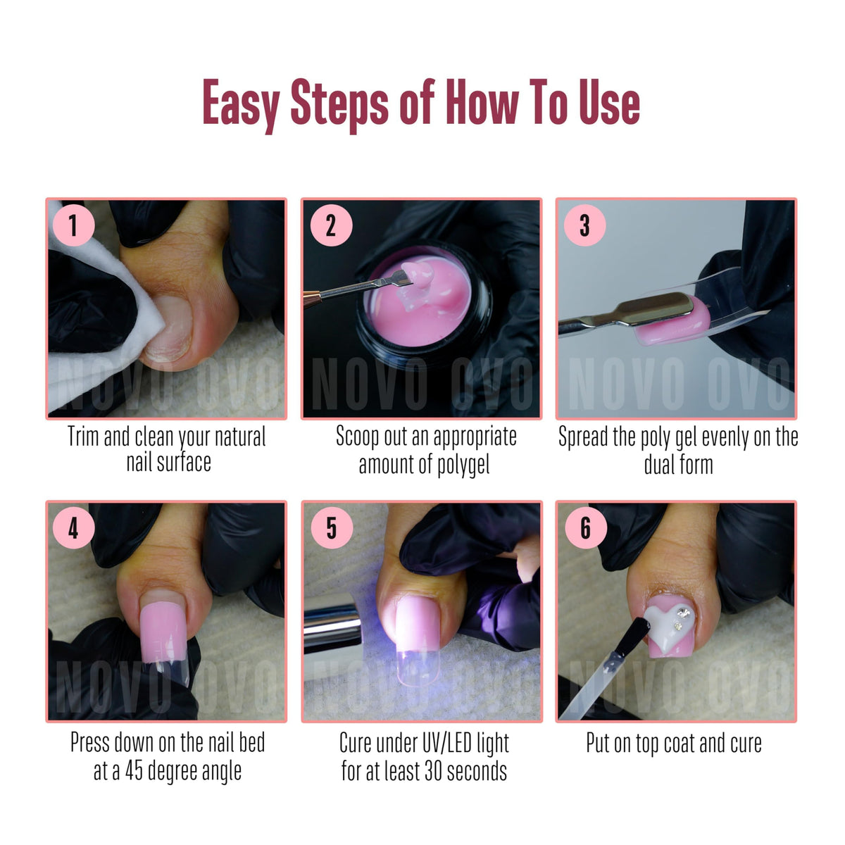 NOVO OVO Upgraded NON-STICKY Polygel Solution Procedure Set, White and Pink non-sticky Poly Gel, Dual-Ended Nail Pen, Extra Slim Nail File, Easy to Use Together with Toe or Hand Nail Dual Forms