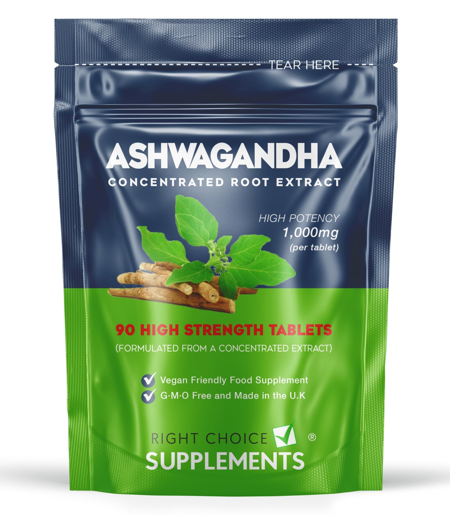 Ashwagandha 1000mg - Pure High Strength Root Extract Supplement for Mood Stress & Stamina (not Capsules) - KSM-66 Ayurveda Also Known As Withania Somnifera - 90 Vegan Tablets Made in The U.K
