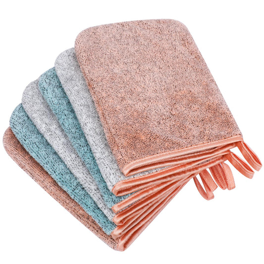 PHOGARY 6 Pack Microfiber Body Wash Mitts, 6×8 Inch Super Absorbent & Soft Face Mitten, Coral Fleece Bath Spa Cloth, Reusable Makeup Remover Mitt Gloves, 3 Colors