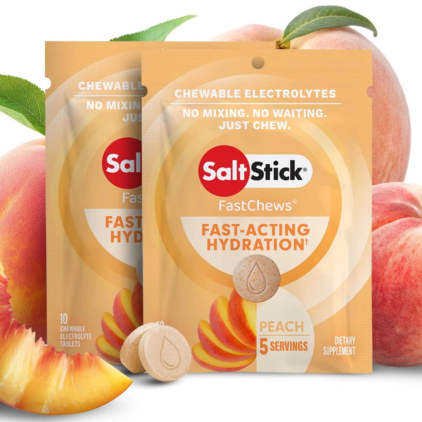 SaltStick Fastchews, Electrolyte Replacement Tablets for Rehydration, Exercise Recovery, Youth & Adult Athletes, Hiking & Sports Recovery, 2 x Packets of 10 Tablets (Peach)