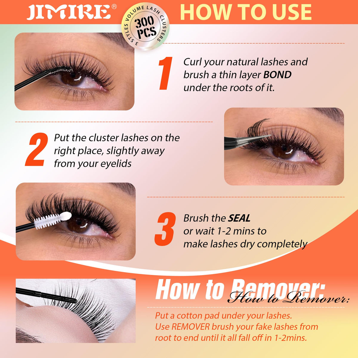 JIMIRE 300Pcs Eyelash Extension Kit Fluffy 60D+80D+100D Cluster Lashes Kit with Bond and Seal Lash Glue Natural Individual Eyelashes 10-18MM Lashes Individual Cluster Kit