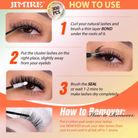 JIMIRE 300Pcs Eyelash Extension Kit Fluffy 60D+80D+100D Cluster Lashes Kit with Bond and Seal Lash Glue Natural Individual Eyelashes 10-18MM Lashes Individual Cluster Kit