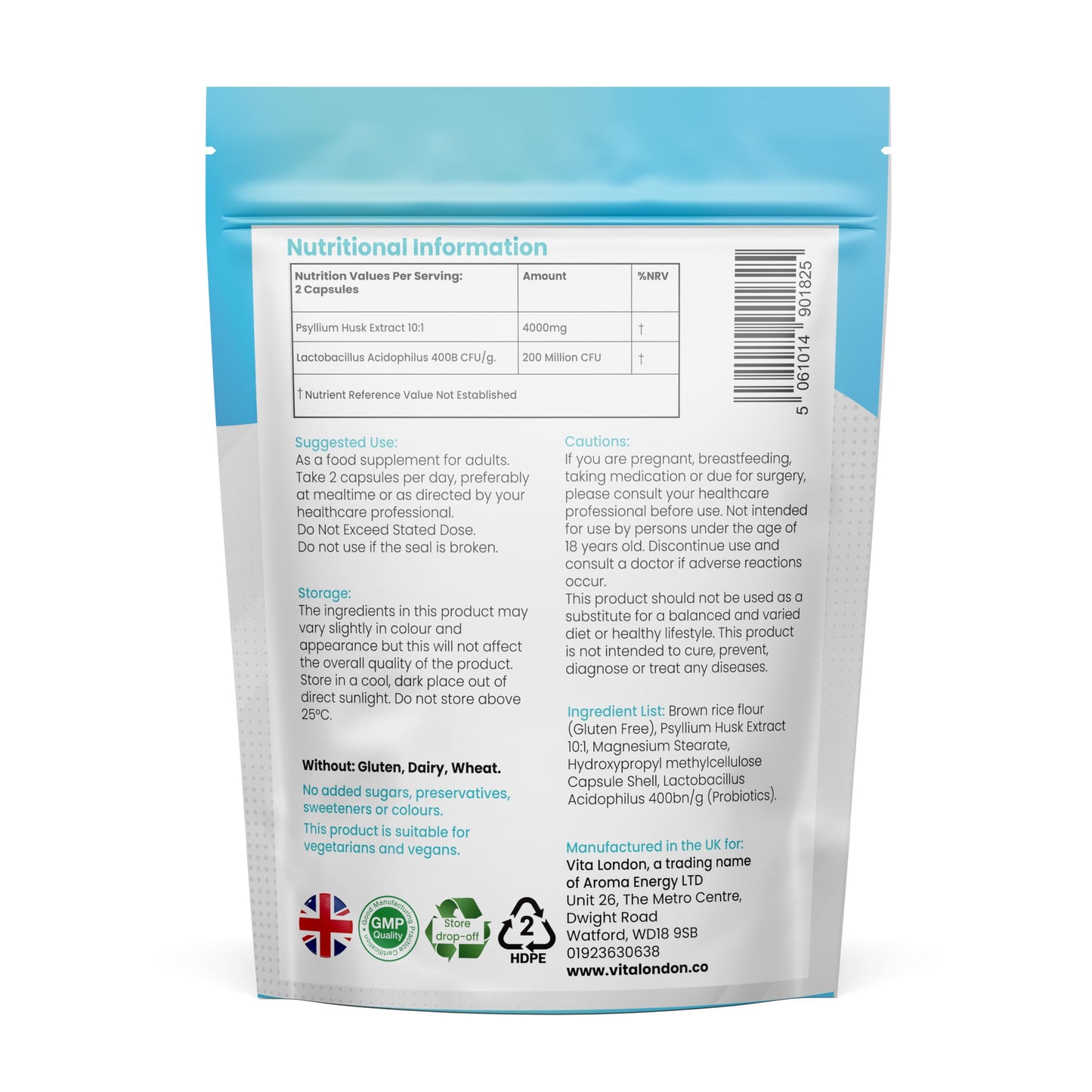 VL Vita London Psyllium Husk 4000mg Fibre Supplement – 60 High Strength Vegan Capsules (Easy Swallow) with Acidophilus Probiotics – Vita London Digestive Health Formula for Men & Women – Made in UK