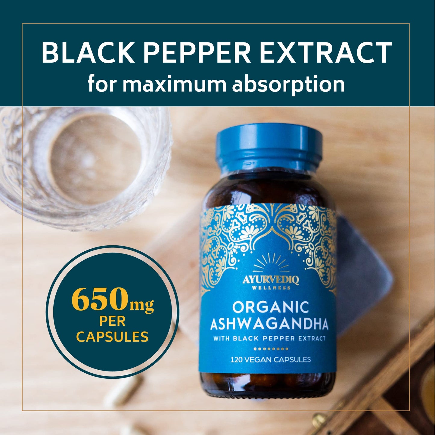 AYURVEDIQ WELLNESS Ayurvediq Wellness, 120 caps Ashwagandha Organic Capsules with Black Pepper Extract, Ayurveda Products, Herbal Supplements, Vitamins, Iron & Protein, Gluten Free, Dairy Free, Vegan