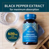 AYURVEDIQ WELLNESS Ayurvediq Wellness, 120 caps Ashwagandha Organic Capsules with Black Pepper Extract, Ayurveda Products, Herbal Supplements, Vitamins, Iron & Protein, Gluten Free, Dairy Free, Vegan