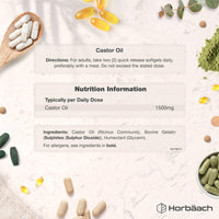 Horbäach Castor Oil Capsules 1500mg | 200 Softgel Capsules | Digestive Health | Rich in Omega 6 & 9 | Pure Castor Oil Supplement | By Horbaach