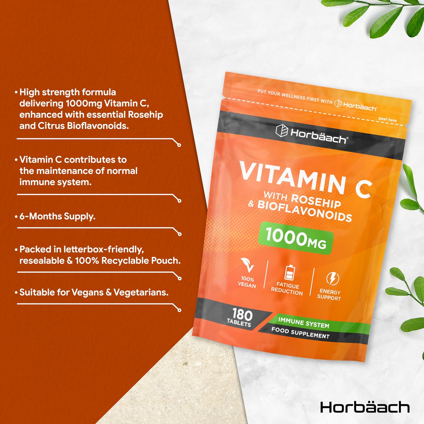Horbäach Vitamin C Tablets 1000mg | 180 Tablets | Complex Supplement with Rosehip and Bioflavonoids | Vegan and Vegetarian Friendly | by Horbaach