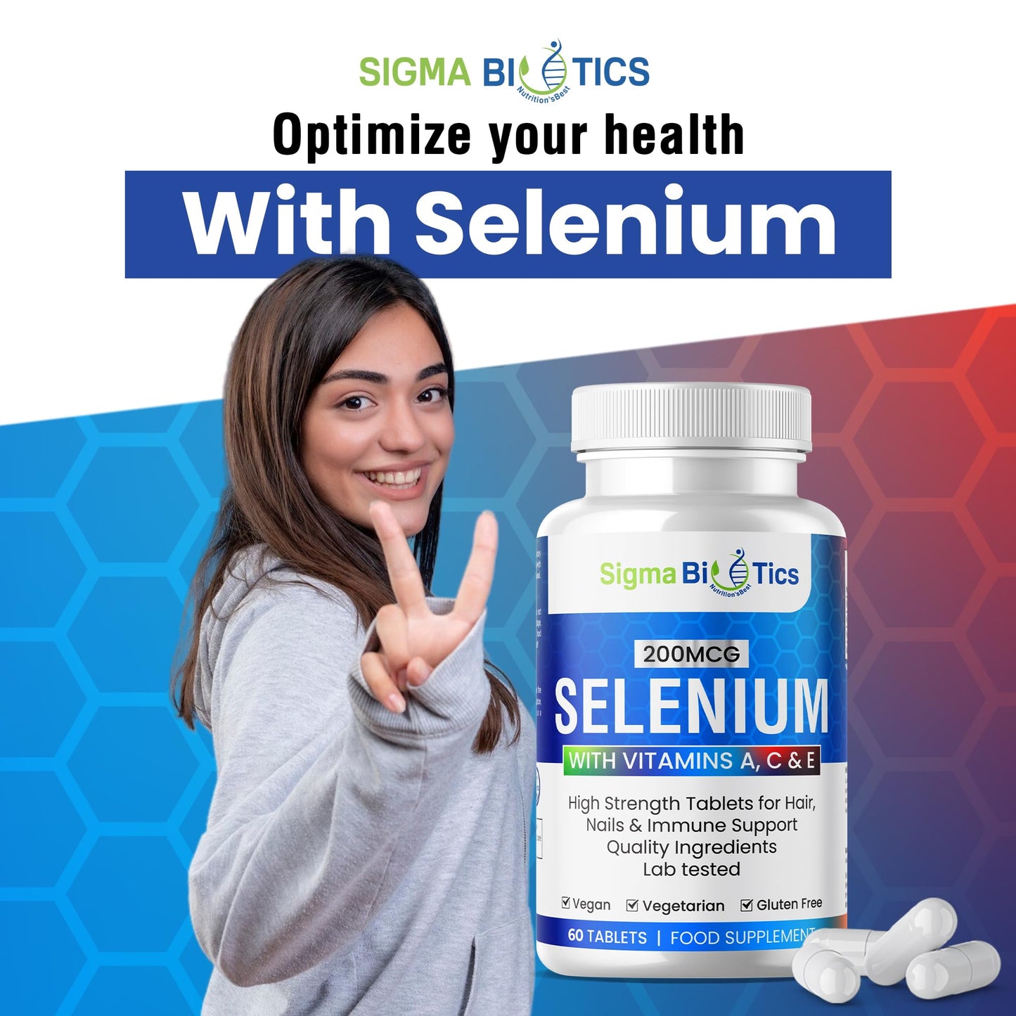 SigmaBiotics Selenium with Vitamins A, C & E - Promotes Healthy Hair, Skin & Nails - Supports The Immune System - Superior Absorption Formula - Vegan and Gluten Free - 60 Tablets