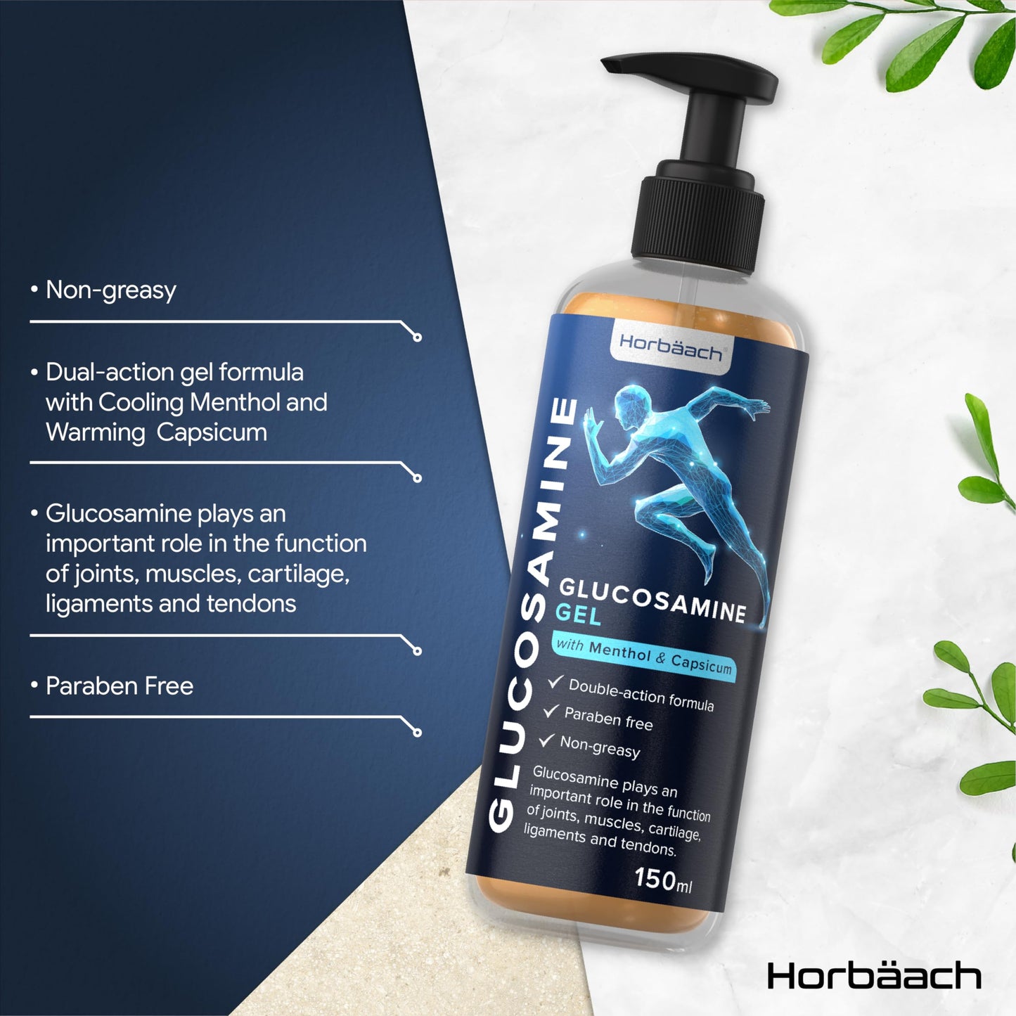 Horbäach Glucosamine Gel | 150 ml | with Menthol and Capsicum | Cooling Effect | Highly Absorbable, Non-Sticky and Non-Greasy Gel | By Horbaach