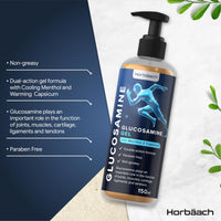Horbäach Glucosamine Gel | 150 ml | with Menthol and Capsicum | Cooling Effect | Highly Absorbable, Non-Sticky and Non-Greasy Gel | By Horbaach
