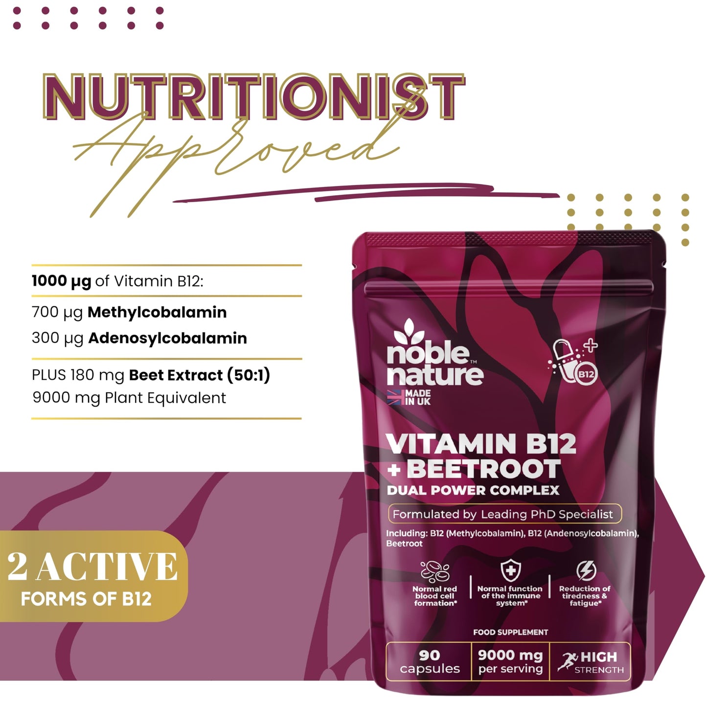 Beetroot & Vitamin B12 Complex – 9000mg Beetroot + 1000mcg Dual B12 (Methylcobalamin & Adenosylcobalamin) – Energy & Immune Support – 90 Vegan Capsules – UK Made (90)