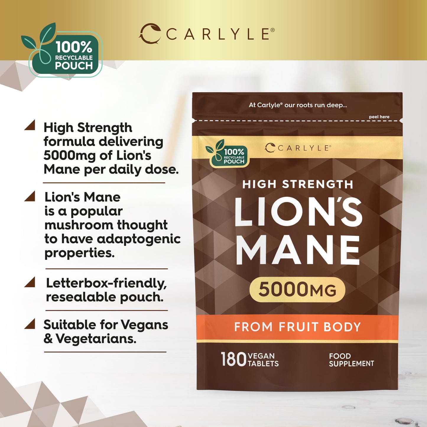 Lions Mane Supplement High Strength | 5000mg Lions Mane Supplement | from Fruit Body | 180 Vegan Tablets | Mushroom Extract | by Carlyle