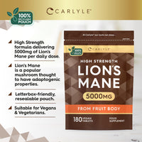 Lions Mane Supplement High Strength | 5000mg Lions Mane Supplement | from Fruit Body | 180 Vegan Tablets | Mushroom Extract | by Carlyle