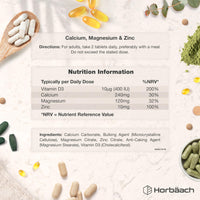 Horbäach Calcium Tablets with Magnesium Zinc and Vitamin D | 100% Vegan | High Strength Complex | 120 Count | Supplement for Women & Men | by Horbaach