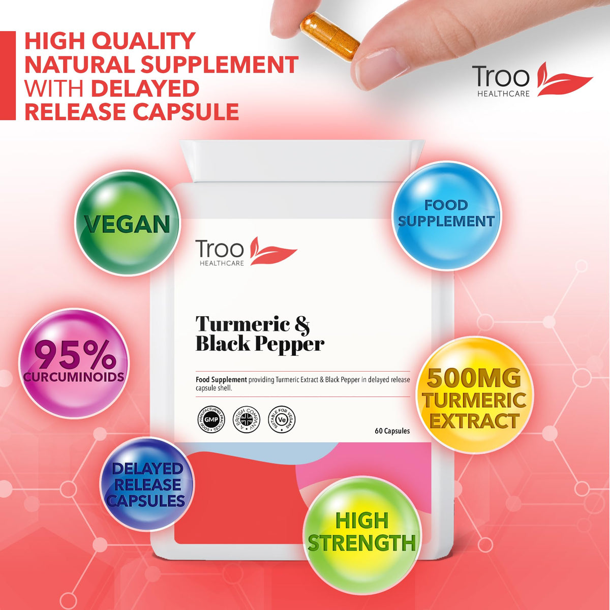 Troo Health Care Turmeric Supplement (500 mg) - 60 Capsules with Black Pepper Extract Piperine | Provides 95% Standardisation of Curcumin | UK Manufactured