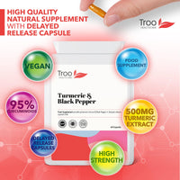 Troo Health Care Turmeric Supplement (500 mg) - 60 Capsules with Black Pepper Extract Piperine | Provides 95% Standardisation of Curcumin | UK Manufactured