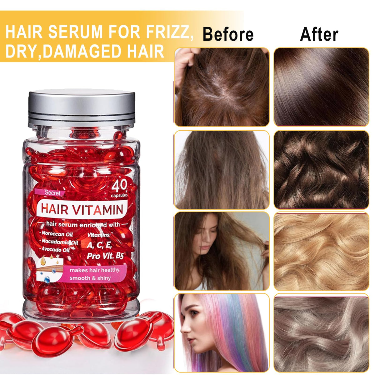 ZhongShuang Capsules for hair care 40 Pcs Hair Vitamin Serum Capsule Hair Vitamins Hair Serum, Enriched with Moroccan Oil, Macadamia Oil, Avocado Oil Makes Hair Smooth and Shiny