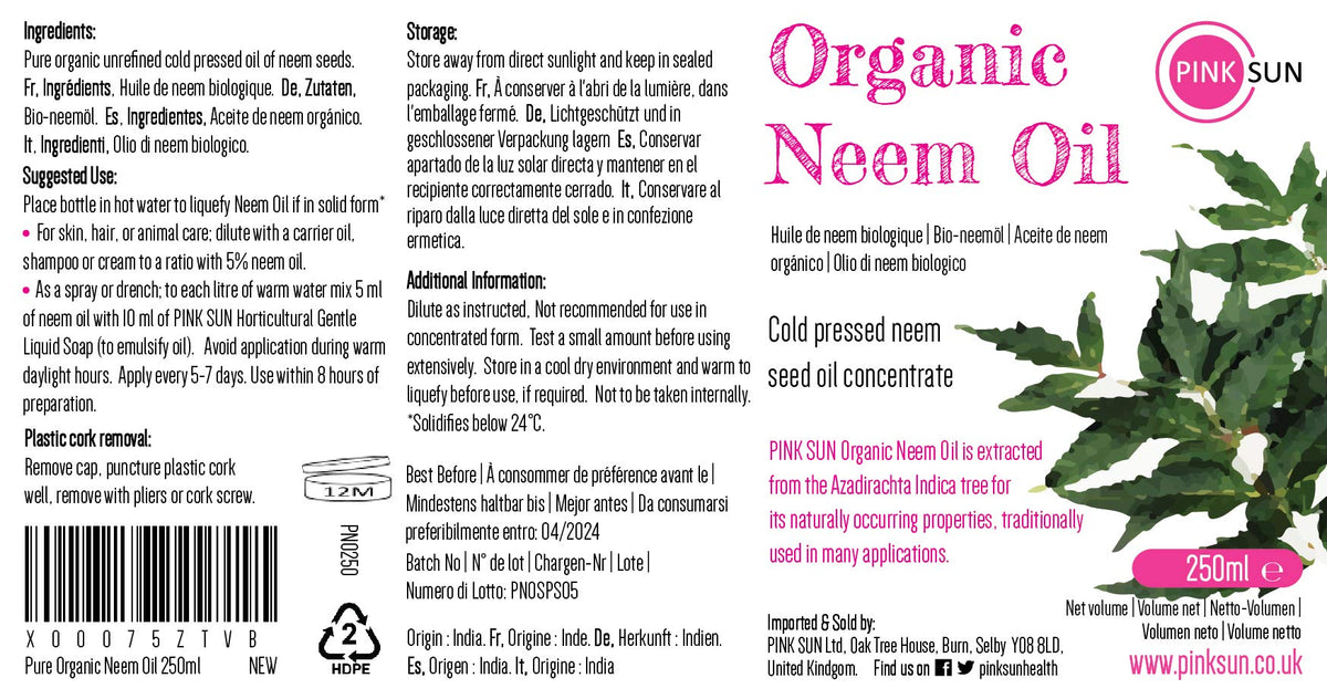 Pure Organic Neem Oil 250ml (or Select 1 Litre) Cold Pressed Unrefined Virgin Concentrate - Natural for Plants and Pets Horses Dogs Skin and Hair Care PINK SUN
