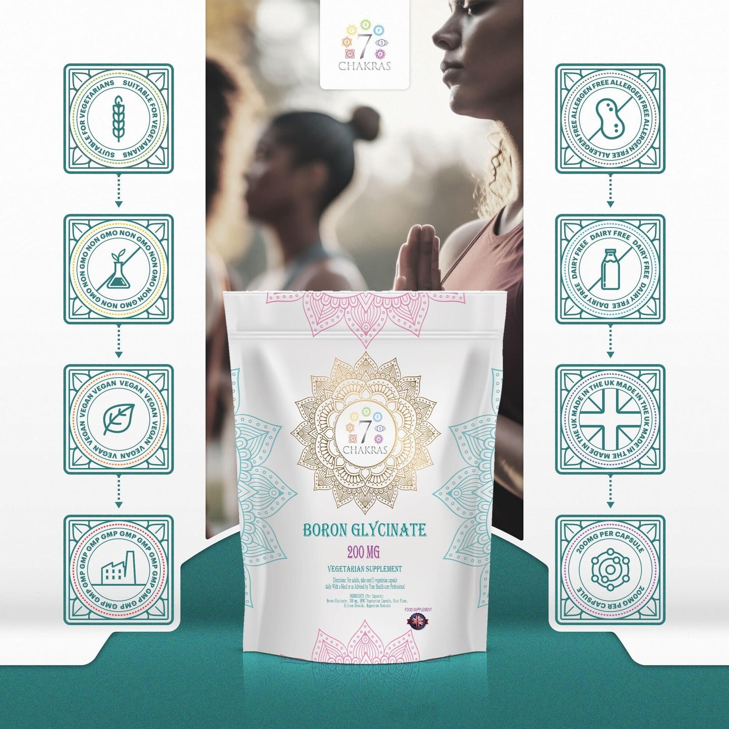 7 Chakras 7C Boron | 60 High Strength Supplements - 200mg Boron-Glycinate per Serving | Non-GMO, Gluten & Allergen Free | Manufactured in The UK
