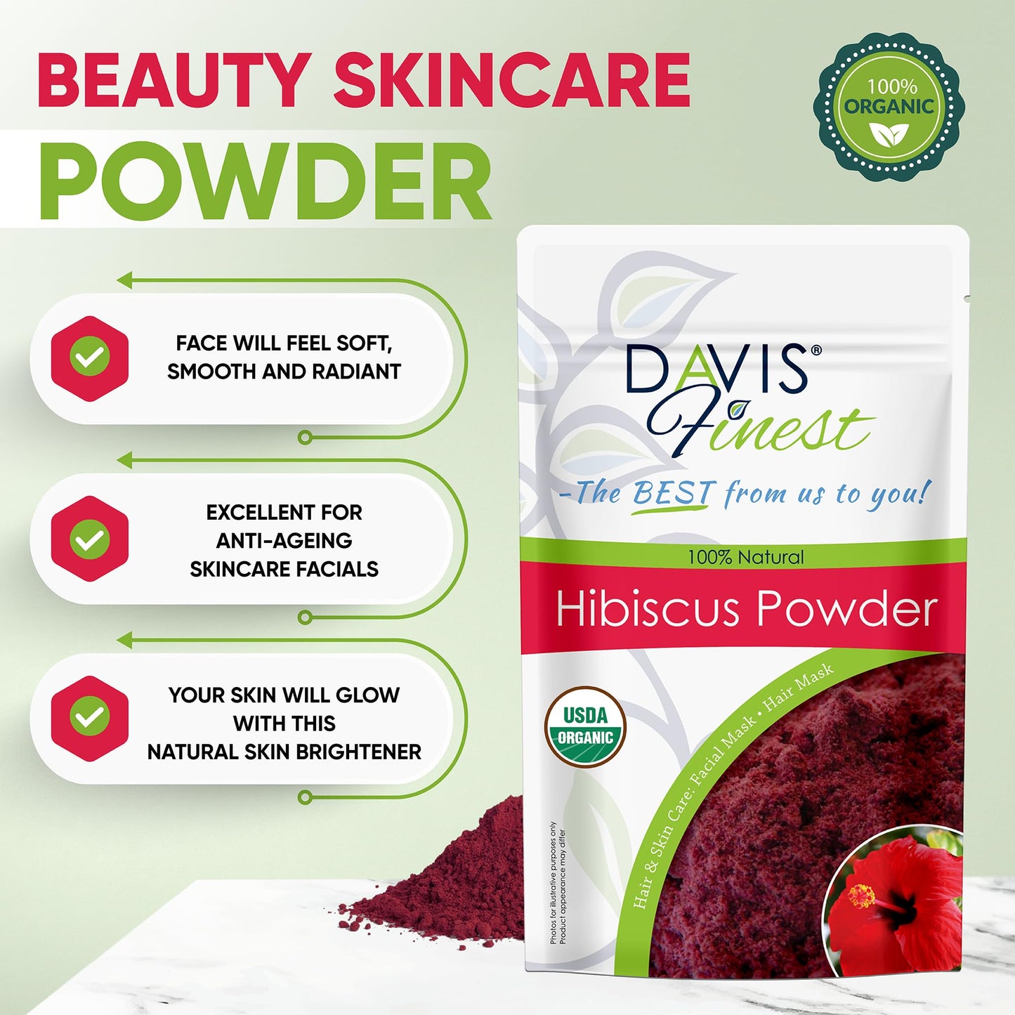 Davis Finest Organic Hibiscus Powder 100g, Hair & Skin, Facial Mask, Face Pack, Hair Growth, Shine & Condition