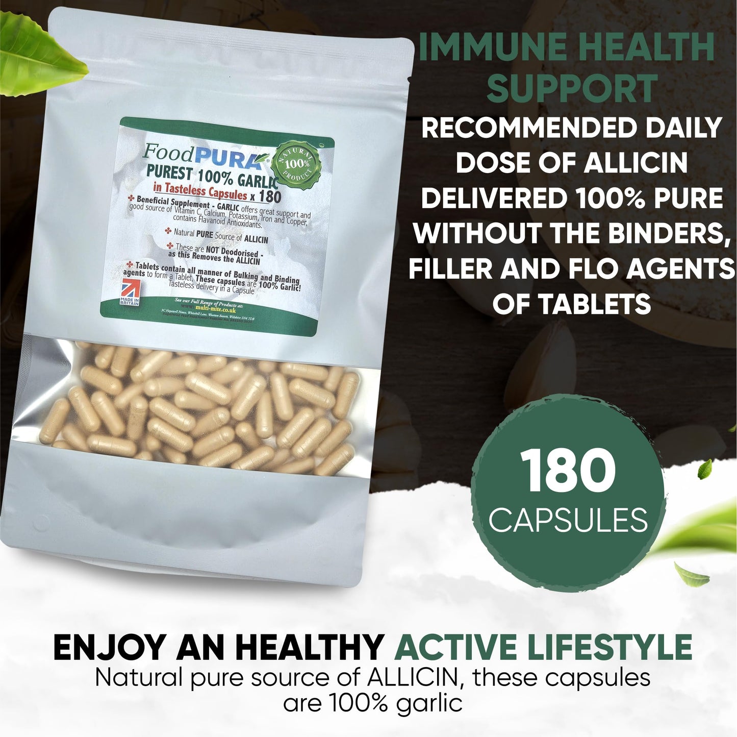 FoodPURA Pure Garlic Capsules Recommended Daily Strength 1000mg HACCP Certified, Manufactured in The UK by FoodPURA 1 Pack of 180 Capsules