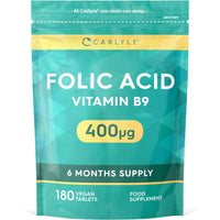 Folic Acid Tablets 400ug | 180 Count (6 Months Supply) | High Strength Vitamin B9 Supplement | Suitable for Vegetarians and Vegans | No Artificial Preservatives | by Carlyle