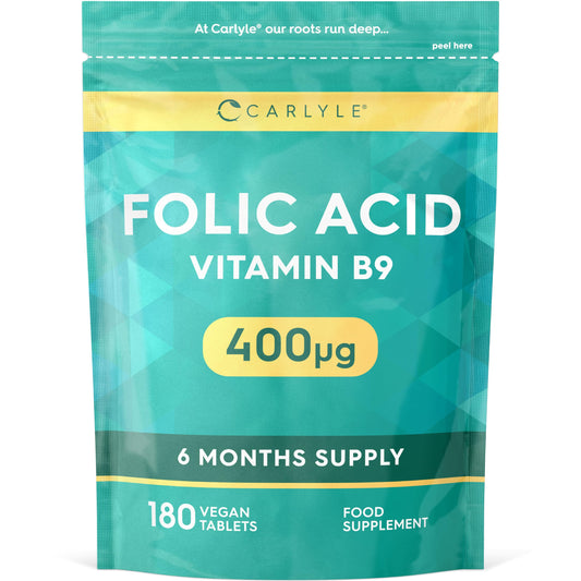 Folic Acid Tablets 400ug | 180 Count (6 Months Supply) | High Strength Vitamin B9 Supplement | Suitable for Vegetarians and Vegans | No Artificial Preservatives | by Carlyle