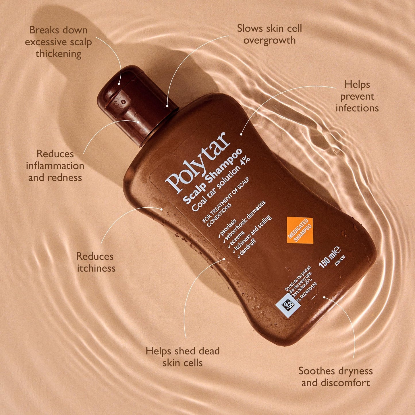 Polytar Scalp Shampoo, For Scalp Conditions, Reduces Itching, Inflammation and Scales, Shampoo Treats Psoriasis, Seborrhoeic Dermatitis, Eczema and Dandruff, Contains Coal Tar Solution, 1 x 150ml
