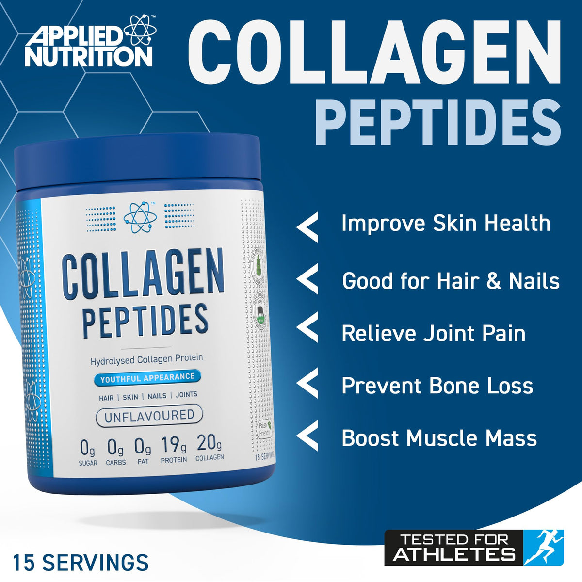 Applied Nutrition Collagen Peptides Powder - Hydrolysed Bovine Collagen Protein, Halal, Healthy Skin, Hair, Nails (Unflavoured) (300g - 15 Servings)
