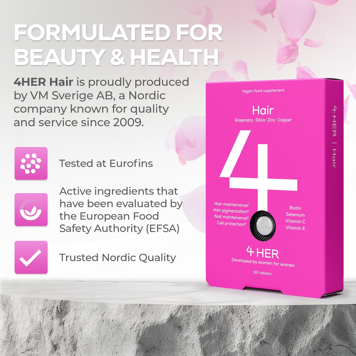 4 HER Hair Supplements for Women - 60 Vegan Tablets - Hair and Nails Vitamins for Women - Biotin, Rosemary, Selenium, Zinc, Copper and Millet Extract - for Hair and Nail Maintenance