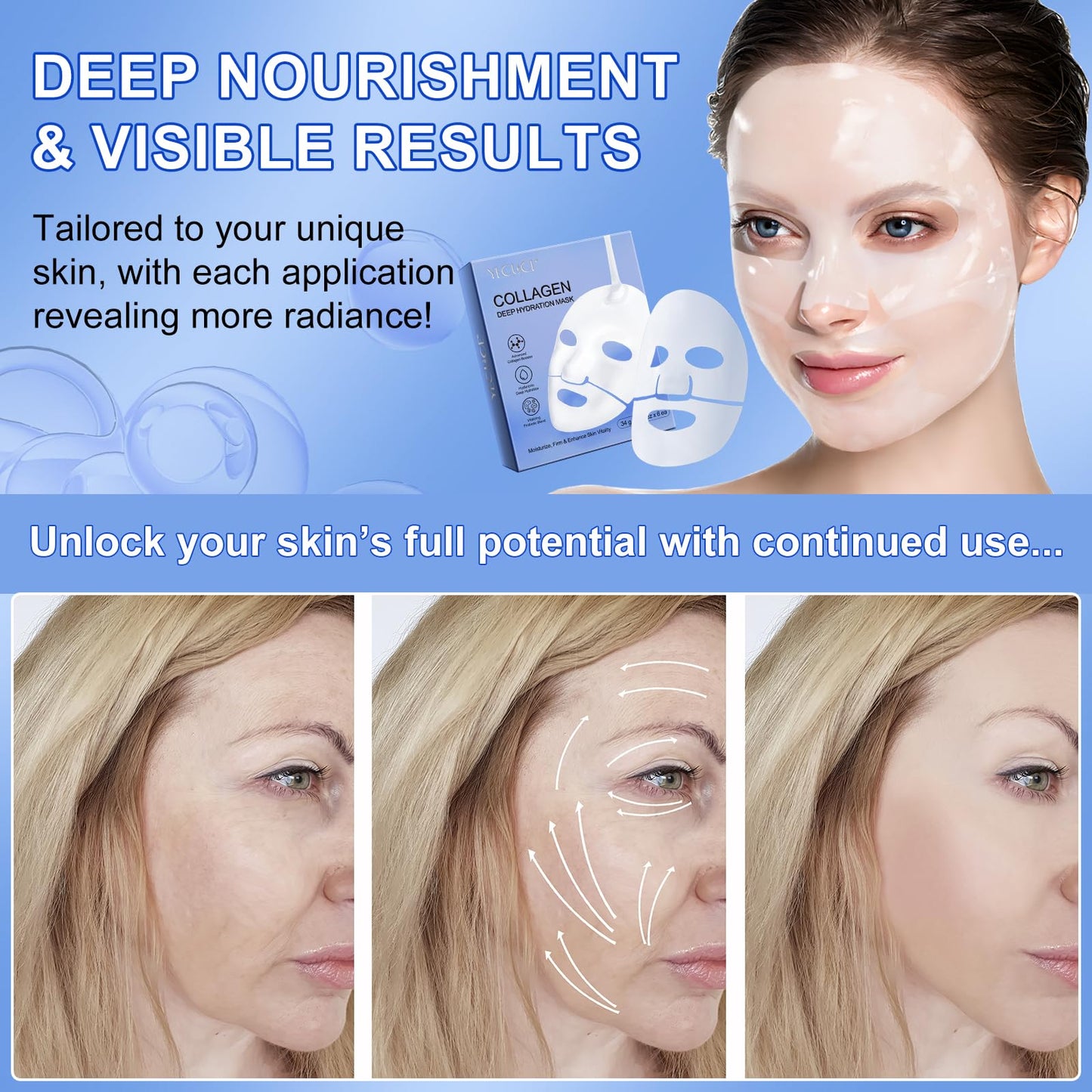 Generic Bio Collagen Face Mask 6pcs, Collagen Sheet Mask, Bio Collagen Overnight, Deep Hydration & Firming, Reduce Fine Lines & Wrinkles, Pore Minimizing
