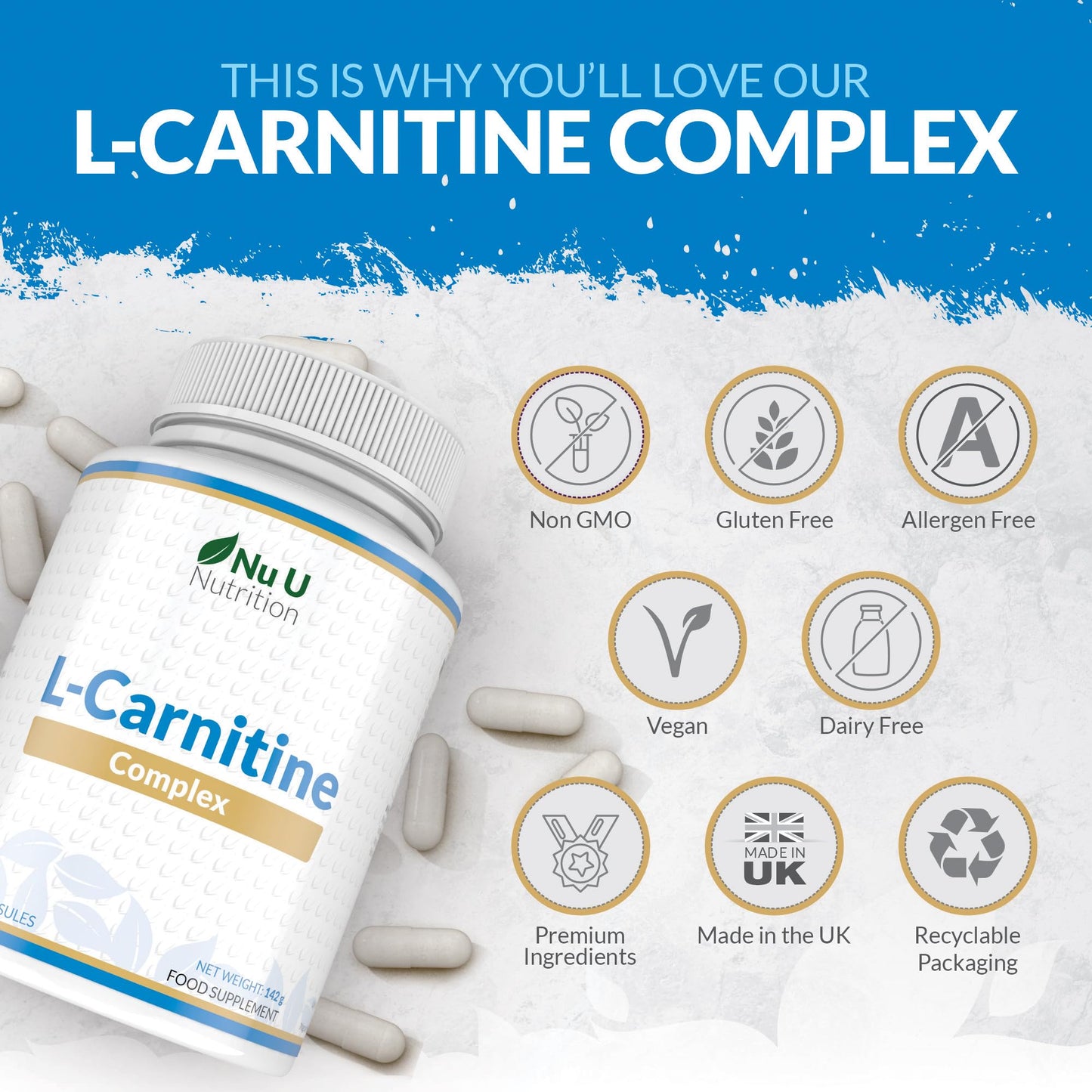 L-Carnitine Complex 2200mg - 180 High Strength Vegan Capsules - with Riboflavin, Biotin, Chromium, Vitamin D, B3 & B6 - L Carnitine Tartrate Supplement - Made in The UK - Nu U Nutrition