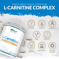 L-Carnitine Complex 2200mg - 180 High Strength Vegan Capsules - with Riboflavin, Biotin, Chromium, Vitamin D, B3 & B6 - L Carnitine Tartrate Supplement - Made in The UK - Nu U Nutrition