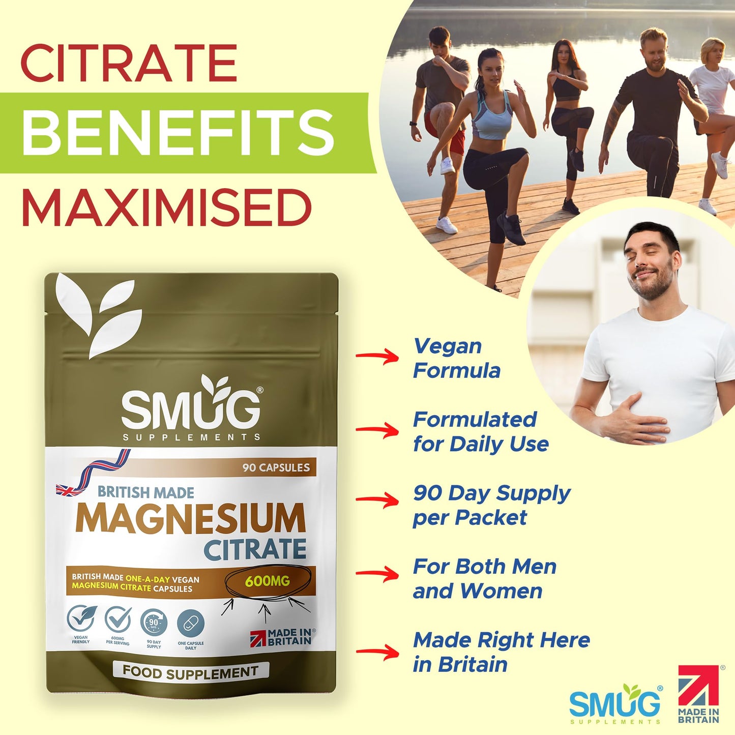 Magnesium Citrate 600mg – 180mg Elemental Magnesium – 90 Vegan Capsules – Daily Supplement – Made in Britain – SMUG Supplements
