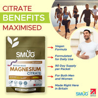 Magnesium Citrate 600mg – 180mg Elemental Magnesium – 90 Vegan Capsules – Daily Supplement – Made in Britain – SMUG Supplements