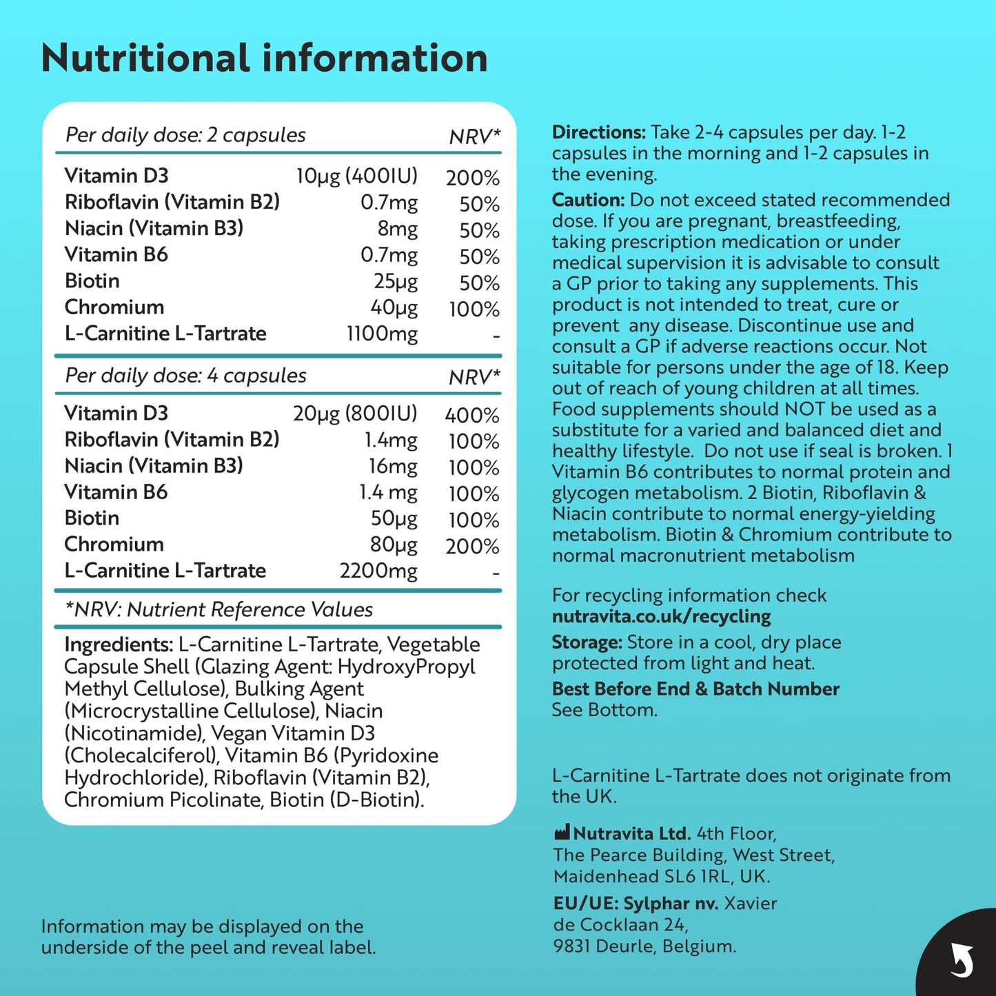 Nutravita L-Carnitine Complex - High Strength Capsules with Added Riboflavin, Biotin, Chromium, Vitamin D, B3 & B6 - Macronutrient & Energy Yielding Metabolism - 150 Vegan Capsules - Made in the UK