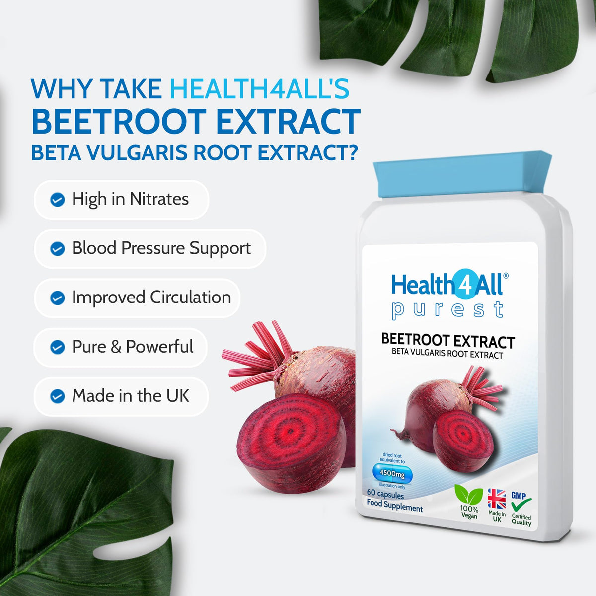 Health4All Beetroot Extract 4500mg per Capsule, 60 Capsules | Blood Pressure Support