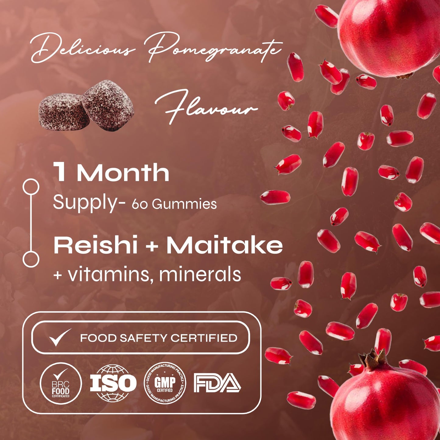 Known Tasty Immunity Mushrooms Gummies - Reishi, Maitake, Vitamin C, Zinc & Selenium - Natural Pomegranate Flavour - 60 Vegan Gummies, 1 Month Supply